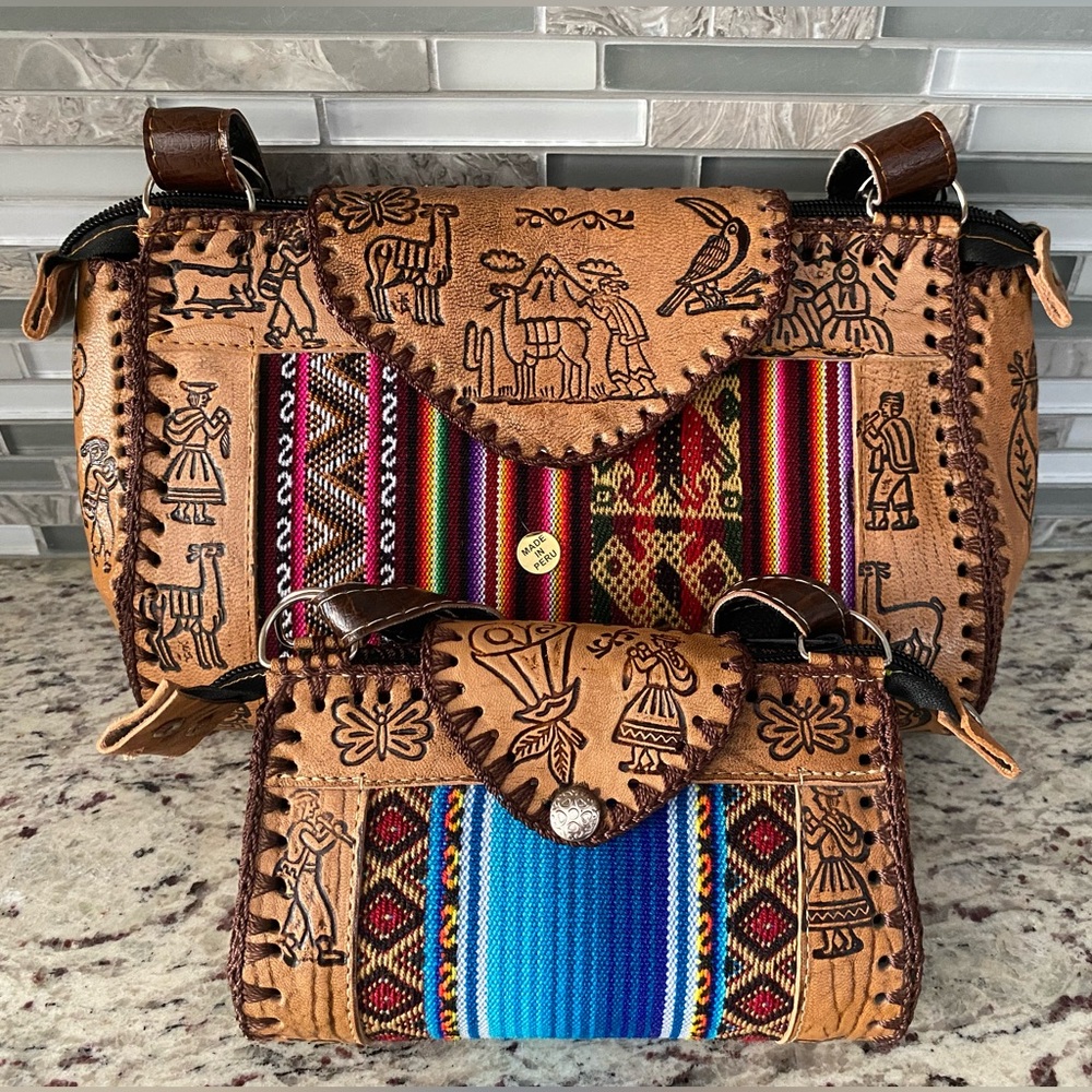 Handmade Peruvian leather hand tooled tribal crossbody adjustable purse set